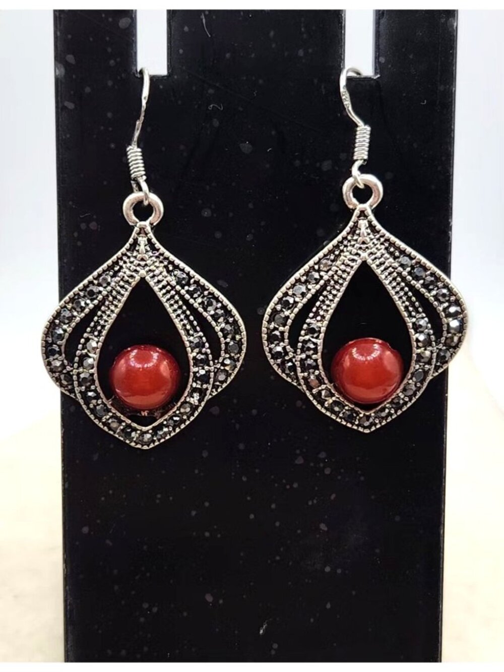 Silvertone Drop Earrings with Marcasite Accent & Brownish Red Center Stone